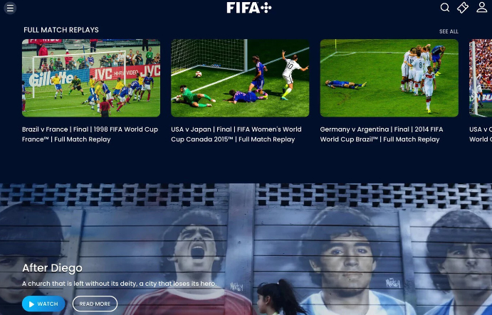 Interface with FIFA+ content