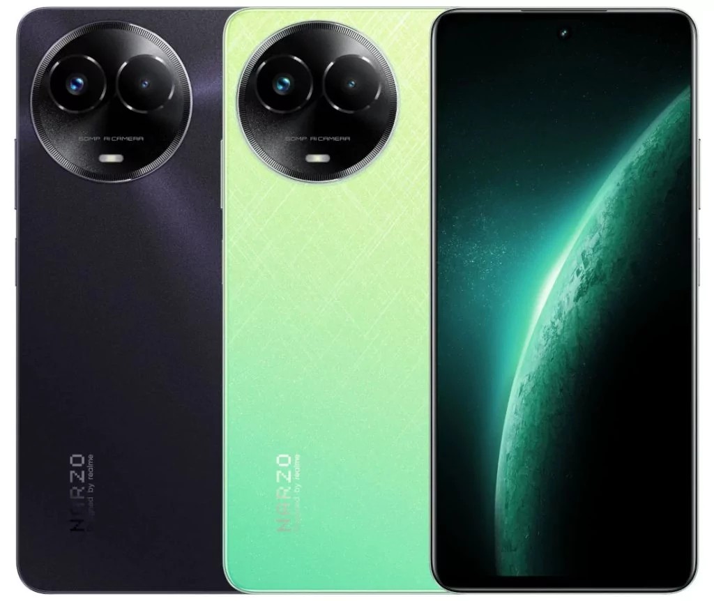 Realme Narzo 60x has an interesting rear panel design. Coating mimics the effect of sand, and gradient coloring adds gloss