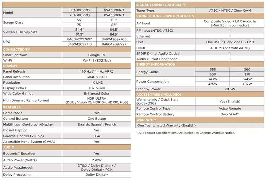   TCLA300 Nxtframe TVs - Specifications