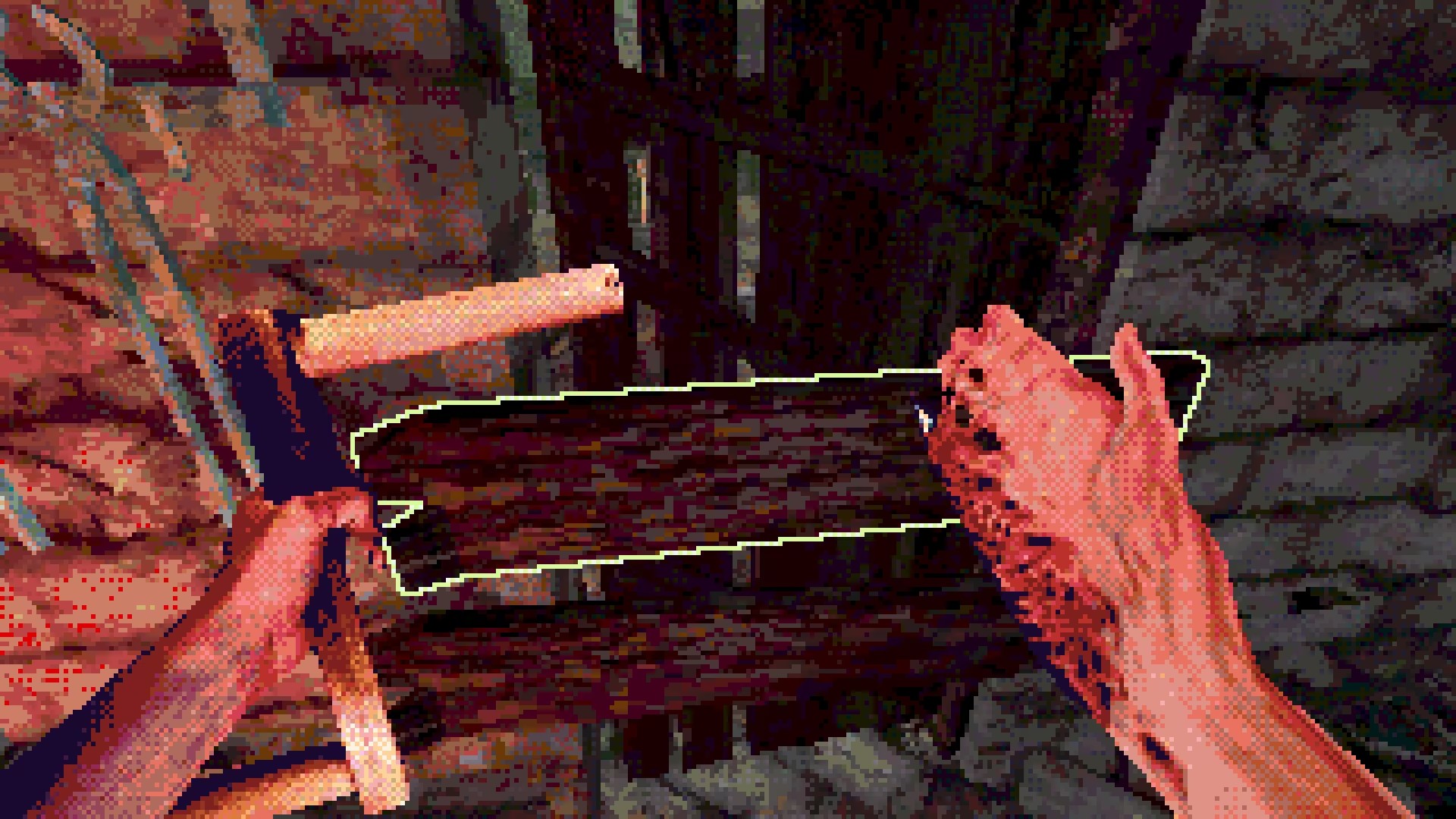 To progress, the hero must sacrifice vital body parts. He must cut out his tongue, rip out his heart, or gouge out an eye – fortunately, this does not slow him down any further. The reward for his diligence is the ability to transform his hand into a useful tool.