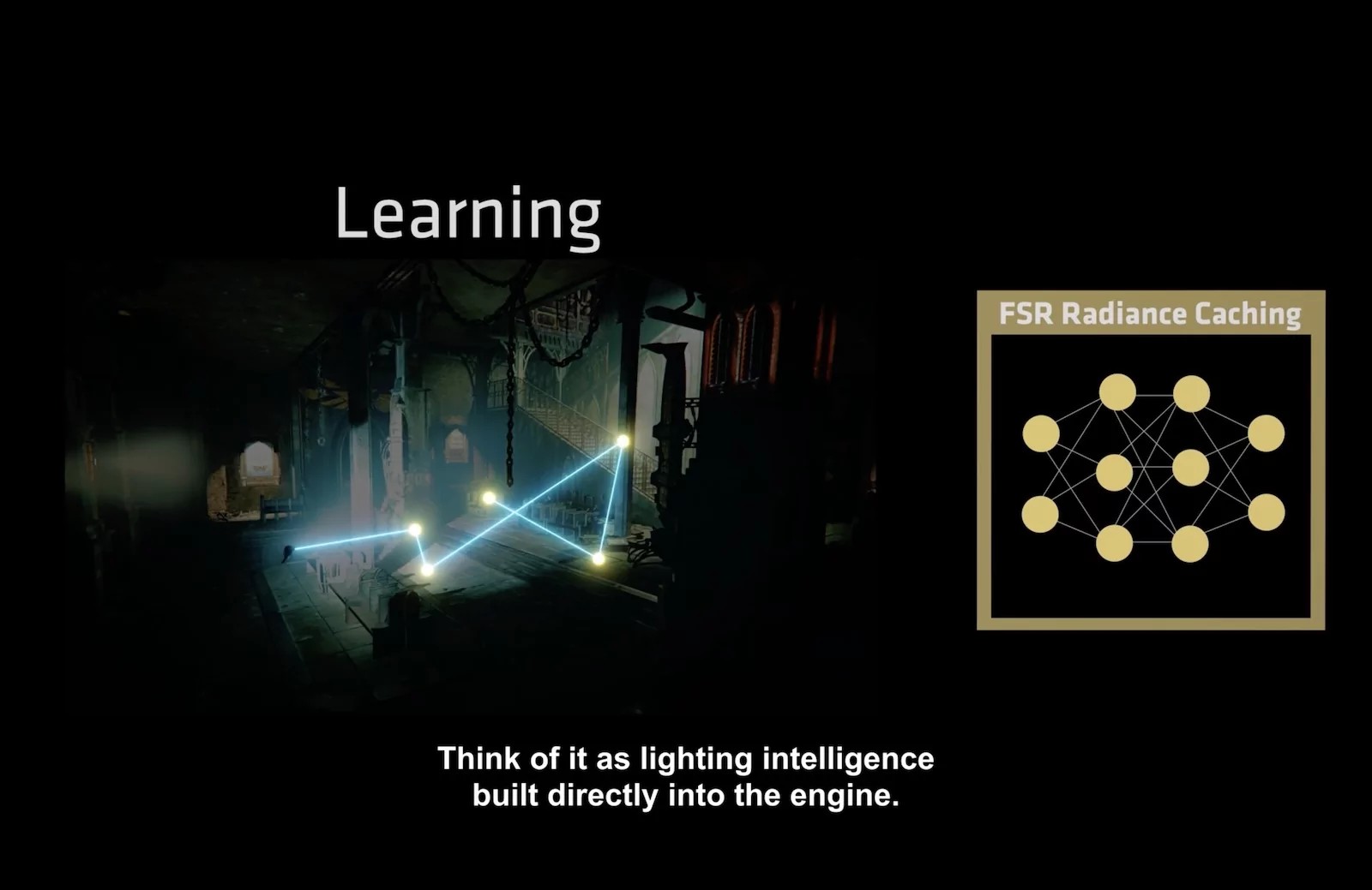 The third FSR Redstone tool is FSR Ray Regeneration, an AI-powered technology that uses neural networks to reconstruct ray-traced data in real time.