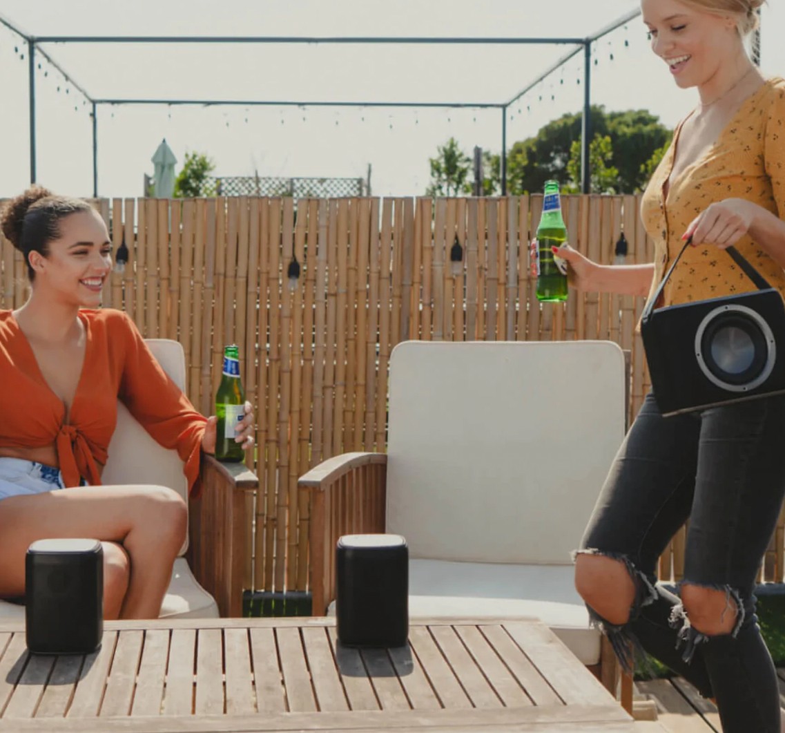 Rocksteady Stadium Subwoofer: Wireless and Portable 7 Happy girls drinking beer and listening to awesome music Hopefully