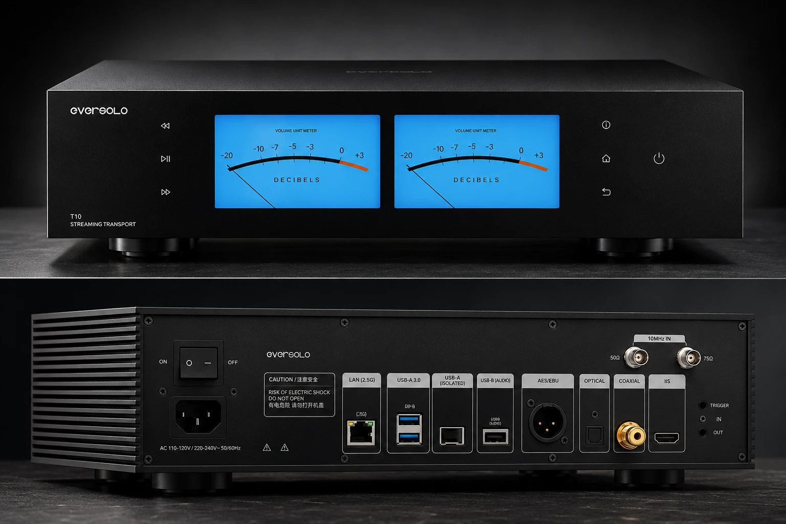 Eversolo T10: Flagship Network Transport Built for High-End Digital Audio 8 The Eversolo T10 combines a large touchscreen interface with customizable VU meters and visualizations for a premium streaming experience.