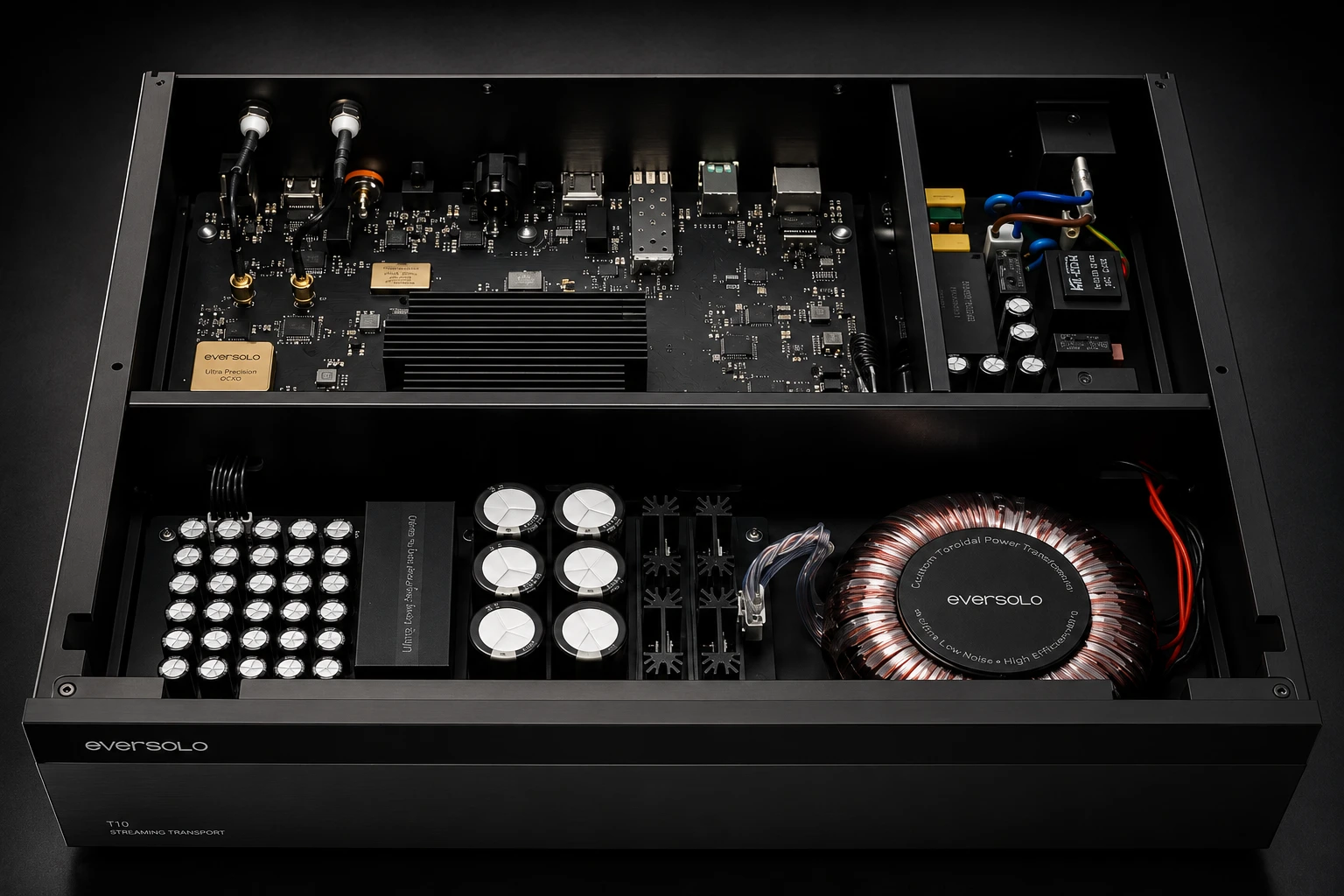 Eversolo T10: Flagship Network Transport Built for High-End Digital Audio 9 Inside the Eversolo T10, a custom toroidal linear power supply and premium clock architecture are engineered for maximum signal integrity.